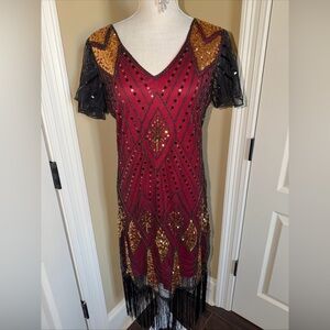 Fundaisy Womens Size L Flapper Dress Gatsby Beaded Fringe Red Black Accessories